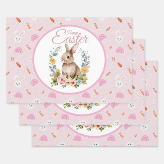 Cute Watercolor Bunny Floral Wreath Easter Geschenkpapier Set