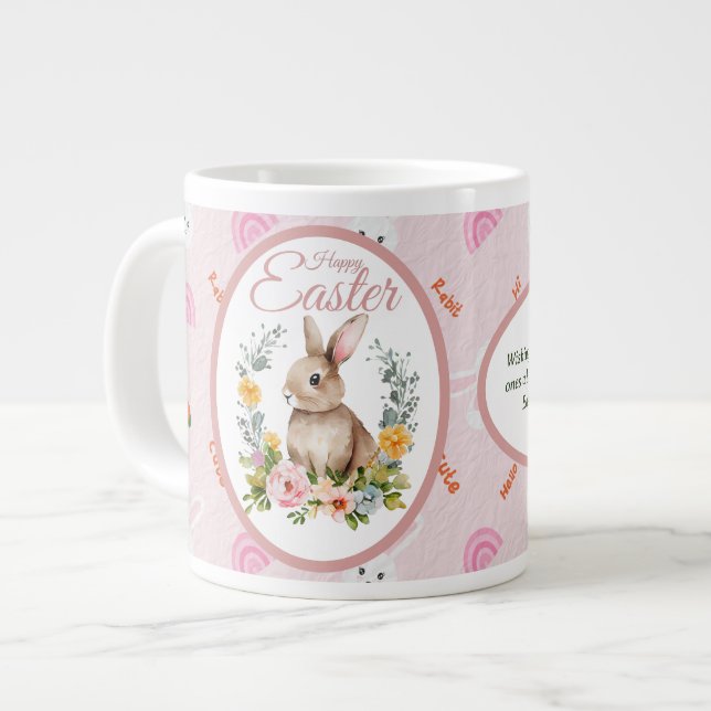Cute Watercolor Bunny Floral Wreath Easter Jumbo-Tasse (Vorderseite Links)