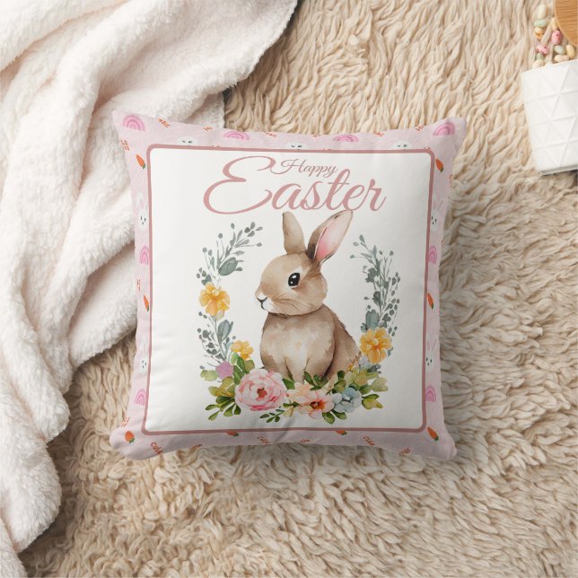 Cute Watercolor Bunny Floral Wreath Easter Kissen (Decke)