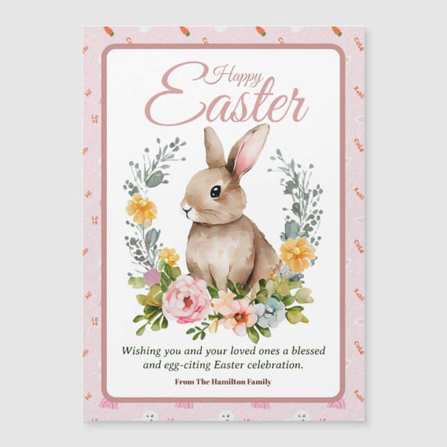 Cute Watercolor Bunny Floral Wreath Easter Magnetkarte (Vorderseite)