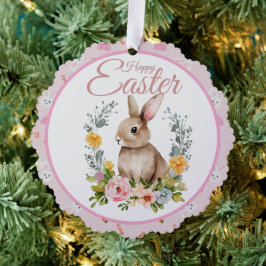 Cute Watercolor Bunny Floral Wreath Easter Ornament Karte