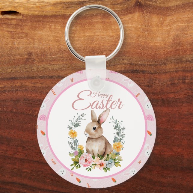 Cute Watercolor Bunny Floral Wreath Easter Schlüsselanhänger (Vorderseite)