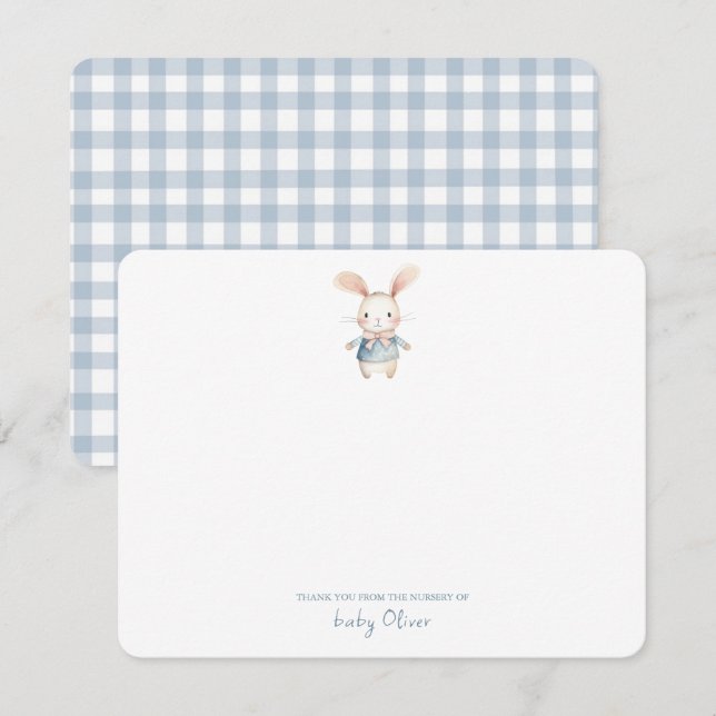 Cute Watercolor Bunny Gingham Flat Vielen Dank Dankeskarte (Vorne/Hinten)