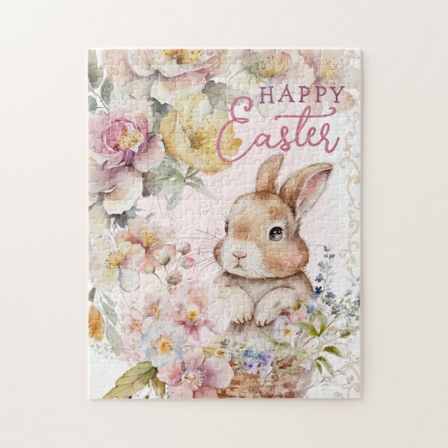 Cute Watercolor Bunny | Spring Flowers  Puzzle (Vertikal)