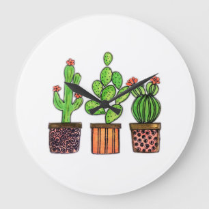 Cute Watercolor Cactus In Pots Große Wanduhr