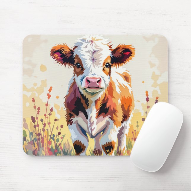 Cute Watercolor Calf In Field Weeds Mousepad (Mit Mouse)