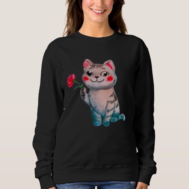 Cute Watercolor Cat Holding Red Carnation Birth Fl Sweatshirt (Vorderseite)