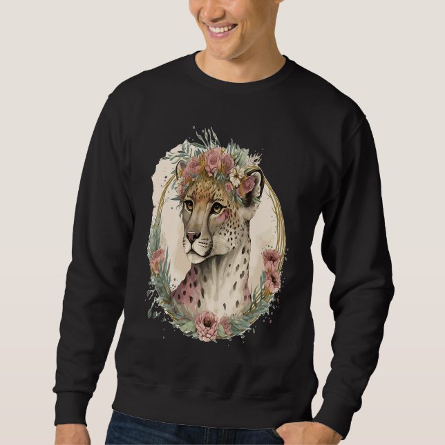 Cute Watercolor Cheetah Flower Crown Safari Animal Sweatshirt (Vorderseite)