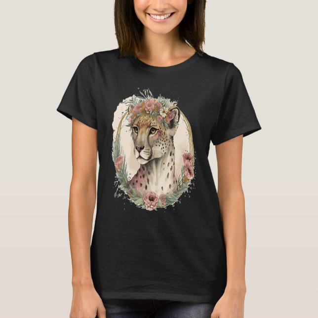 Cute Watercolor Cheetah Flower Crown Safari Animal T-Shirt (Vorderseite)