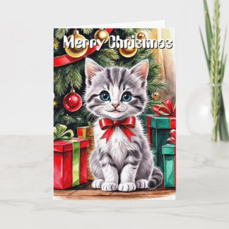 Cute Watercolor Christmas Cat Personalized Greetin Karte