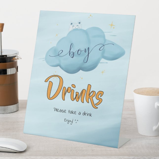 Cute Watercolor Cloud Baby Boy Shower Drinks Sockelschild (In Situ)