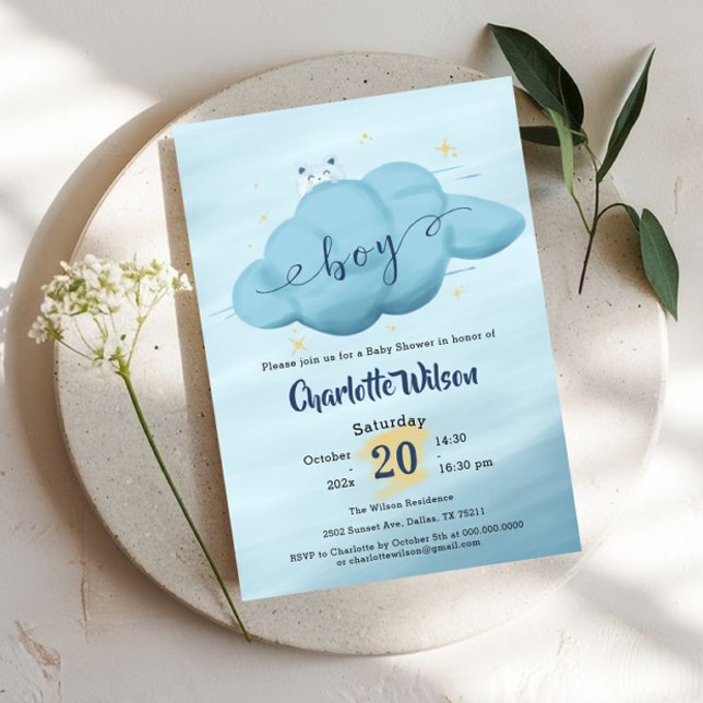 Cute Watercolor Cloud Baby Boy Shower Einladung (Von Creator hochgeladen)