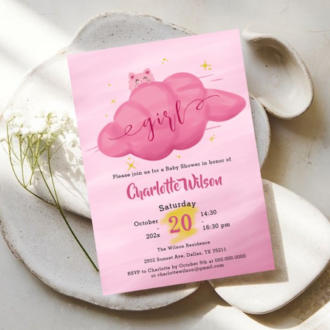 Cute Watercolor Cloud Baby Girl Shower Einladung (Von Creator hochgeladen)