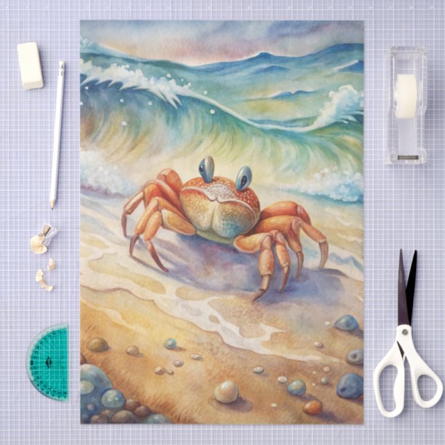 Cute Watercolor Crab on Beach Decoupage Seidenpapier (Handwerk)