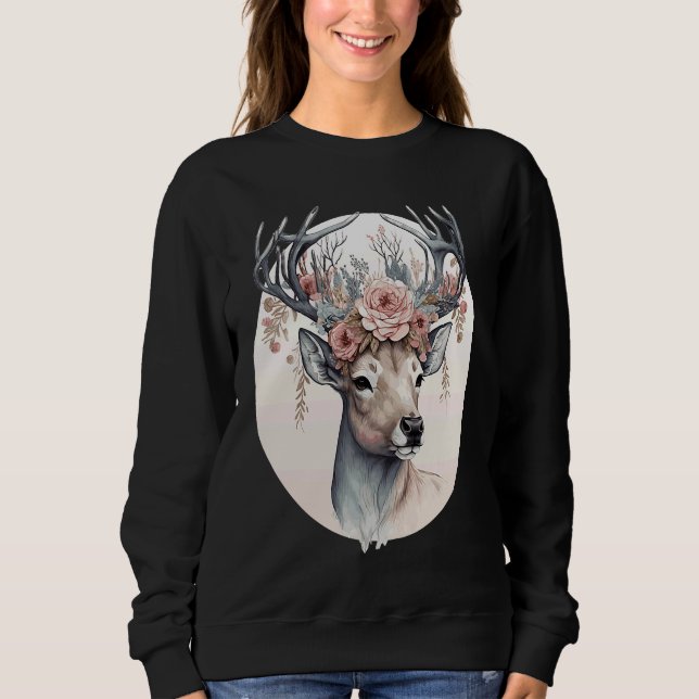 Cute Watercolor Deer Flower Crown Animal Sweatshirt (Vorderseite)