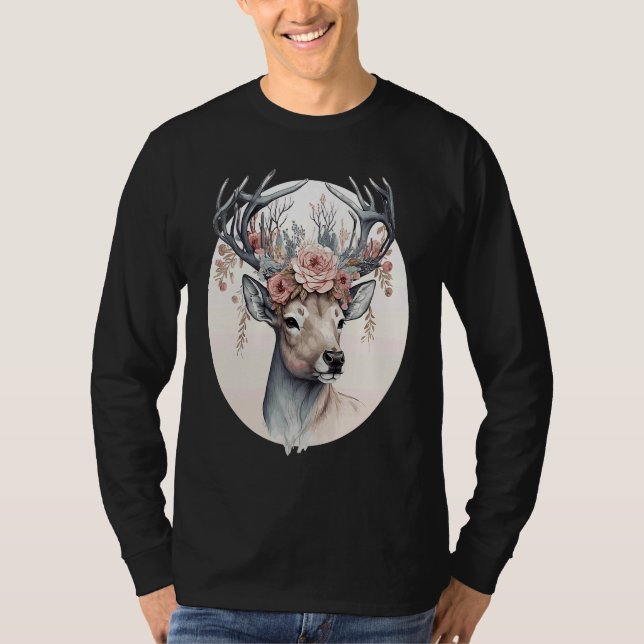 Cute Watercolor Deer Flower Crown Animal T-Shirt (Vorderseite)