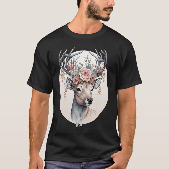 Cute Watercolor Deer Flower Crown Animal T-Shirt (Vorderseite)