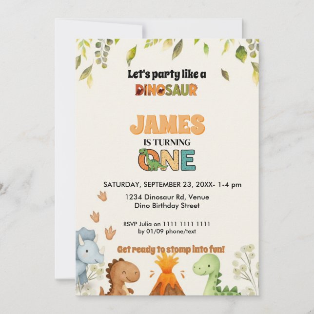 Cute Watercolor Dinosaur 1st Birthday Invitation Einladung (Vorderseite)