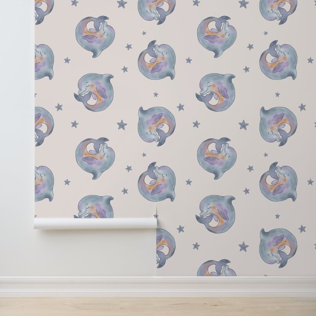 Cute Watercolor Dolphin and Stars Seamless Pattern Tapete (Anwendung)