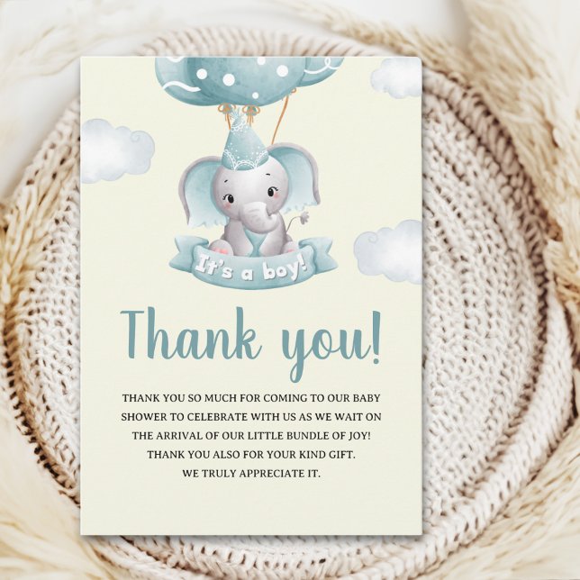 Cute Watercolor Elephant Baby shower Boy Dankeskarte (Von Creator hochgeladen)