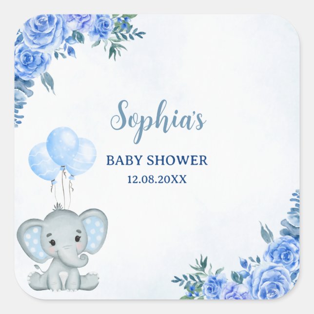 Cute Watercolor Elephant baby shower Boy Quadratischer Aufkleber (Vorderseite)