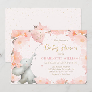 Cute Watercolor Elephant Floral Girl Baby Shower Einladung