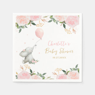 Cute Watercolor Elephant Floral Girl Baby Shower Serviette
