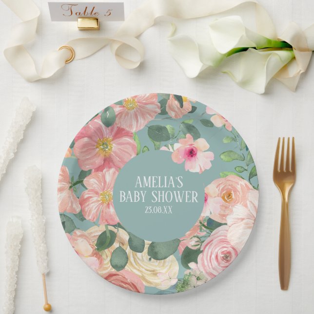 Cute watercolor floral boho chic Girl baby shower Pappteller (Hochzeit)