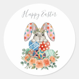 Cute Watercolor Floral Happy Easter Bunny Eggs Runder Aufkleber