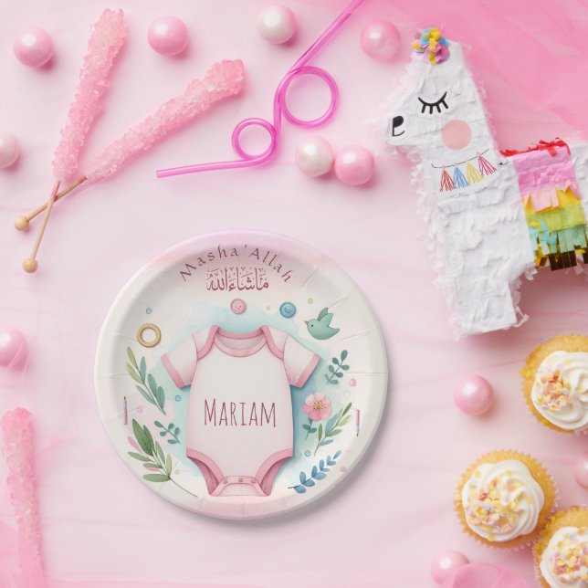 Cute Watercolor Floral Mashallah Islamic Baby Girl Pappteller (Party)