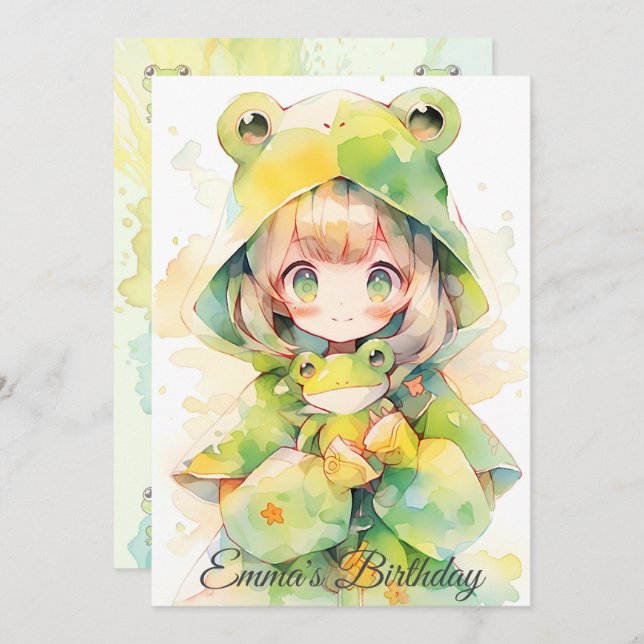 Cute watercolor frog girl birthday einladung (Vorne/Hinten)