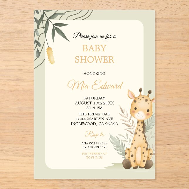 Cute Watercolor Giraffe Baby Shower Design Acryleinladungen (Vorderseite)