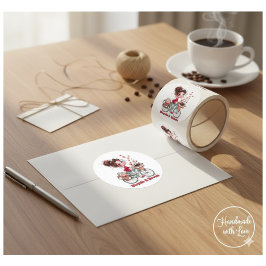 Cute Watercolor Girl Bicycle & Brews Round Sticker