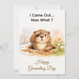 Cute Watercolor Groundhog Popping Out Of Hole Feiertagskarte