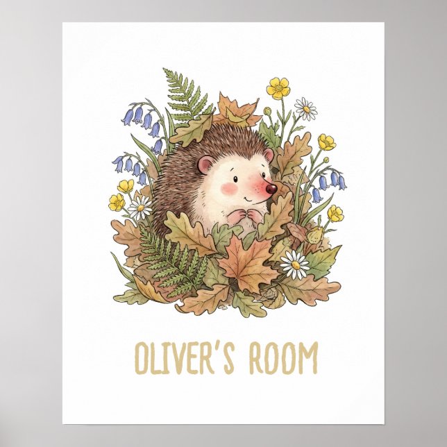 Cute Watercolor Hedgehog & Wildflowers Nursery  Poster (Vorne)