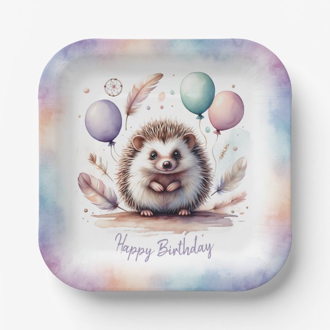 Cute Watercolor Hedgehog with Balloons Birthday  Pappteller (Vorderseite)