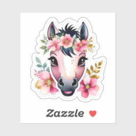 Cute Watercolor Horse with Pink Floral Crown Stick Aufkleber