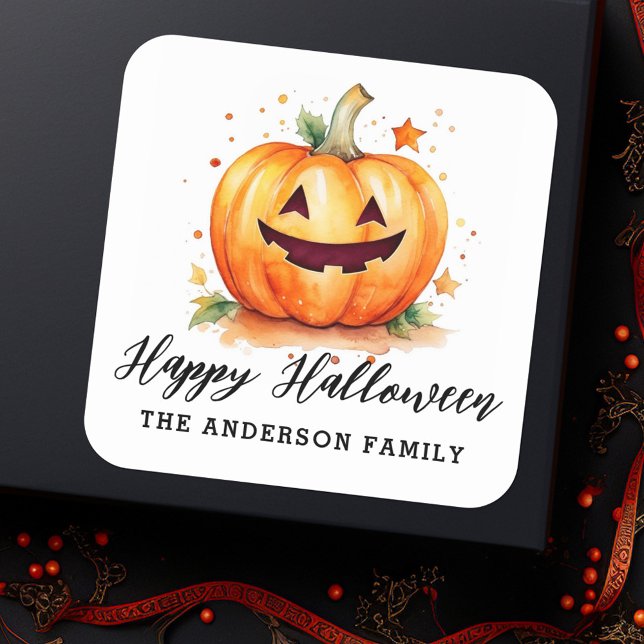 Cute watercolor Jack-o-lantern Happy Halloween Quadratischer Aufkleber (Cute watercolor Jack-o-lantern Happy Halloween Square Sticker)