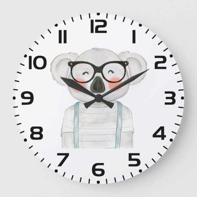 Cute Watercolor Koala with Glasses Große Wanduhr (Vorderseite)