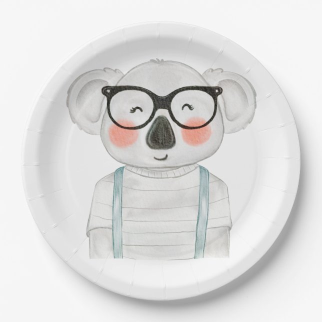 Cute Watercolor Koala with Glasses Pappteller (Vorderseite)