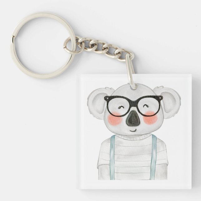 Cute Watercolor Koala with Glasses Schlüsselanhänger (Vorderseite)