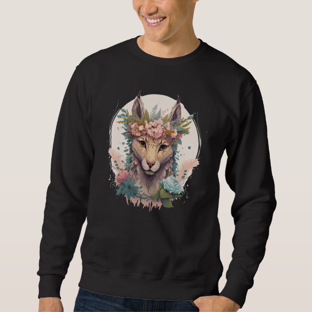 Cute Watercolor Lynx Flower Crown Floral Feline Sweatshirt (Vorderseite)