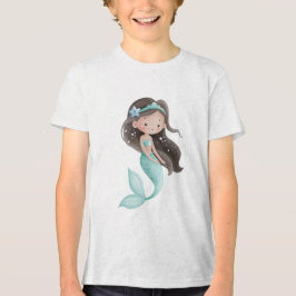 Cute Watercolor Mermaid Girl with Dark Hair Tri-Blend Shirt