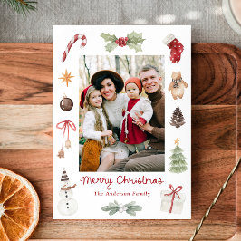 Cute Watercolor Merry Christmas Family Photo Feiertagskarte