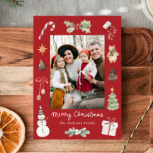 Cute Watercolor Merry Christmas Red Family Photo
