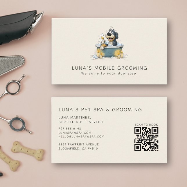 Cute Watercolor Modern Pet Business Dog Groomer  Visitenkarte (Soft cream tones, modern layout, warm feel. Easily personalize with your information.)