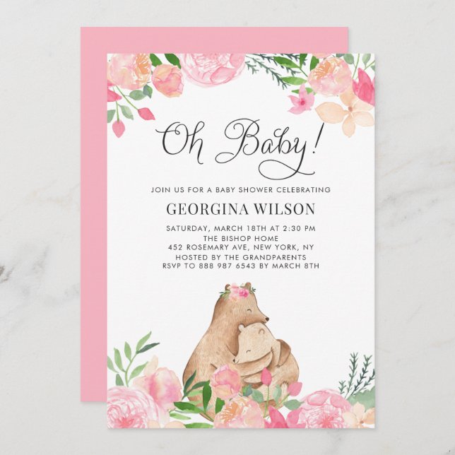 Cute Watercolor Mommy and Baby Bear Baby Shower Einladung (Vorne/Hinten)