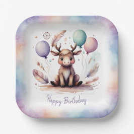 Cute Watercolor Moose with Balloons Birthday Pappteller