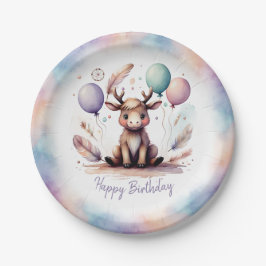 Cute Watercolor Moose with Balloons Birthday Pappteller