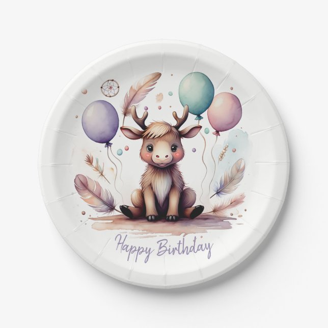 Cute Watercolor Moose with Balloons Birthday  Pappteller (Vorderseite)